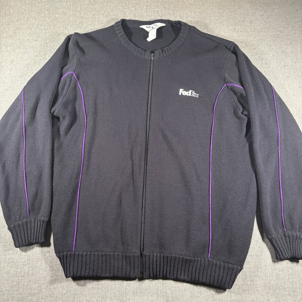 Vintage 90s FedEx Full Zip Cardigan Men Large Black Purple Stan Herman Logo Knit